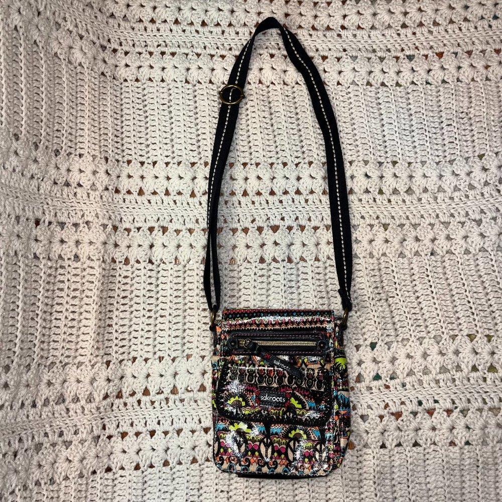 Sakroots Small Foldover Crossbody with Flap Pocket Black and Colorful Print
